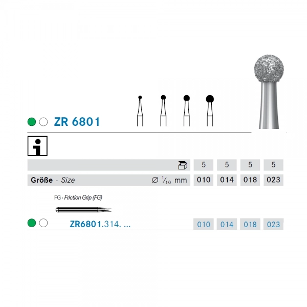FRESAS DIAMANTE TURBINA ZR6801 BOLA. GRANO GRUESO AROS VERDE/BLANCO. KOMET