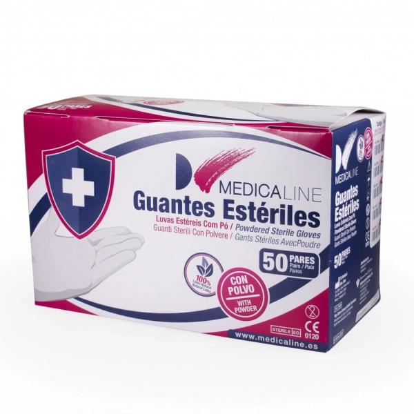 GUANTES LÁTEX CON POLVO ESTÉRILES MEDICALINE 50 PARES.
